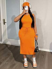 Slaydiva 春夏新款音乐节、复活节、圣帕特里克节、西部风、游牧风、生日派对、波西米亚风、通勤、早午餐、机场穿搭 大码女式纯色圆领背心和半裙套装 两件套半裙套装，夏季穿搭 - 橘色 - 查看 14