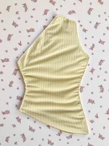 Elamini 黄色针织提花面料不对称领褶皱腰部短款T恤，女士款，春夏时尚，通勤、度假、海滩、简约优雅，适合教师、学生等各种场合，休闲百搭。 - 黃色 - 查看 2