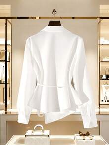 Franclia Classic Commute & Daily Casual V-Neck Tie Waist Lantern Sleeve Blouse, Spring/Summer White Elegant Top Shirts For Women Elegant White Blouses Elegant White Long Sleeve Blouse - White - View 2