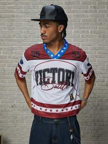 GALLERY FADE 男士大号印花数字“55”印花V领短袖宽松镂空款T恤 - 白色 - 查看 4