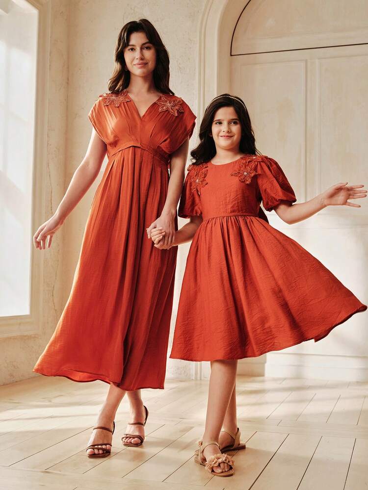 Girls' Coral Orange Bowknot Petal Sleeve Princess Dress With Applique, Spring/Summer