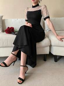 FRIFUL Women's Polka Dot Flocked Patchwork Heterogeneous Fabric Waist Cinched Ruffle Hem Long Sleeve Dress, Summer - Black - View 1