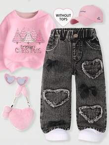 Baby Girls' Denim Jeans, Casual Kawaii Y2k Cute, Elegant Luxurious, Bow Heart Applique Decor, Straight Leg, Elastic Waist, Cotton, Hot Pink Grey - Dark Grey - View 2