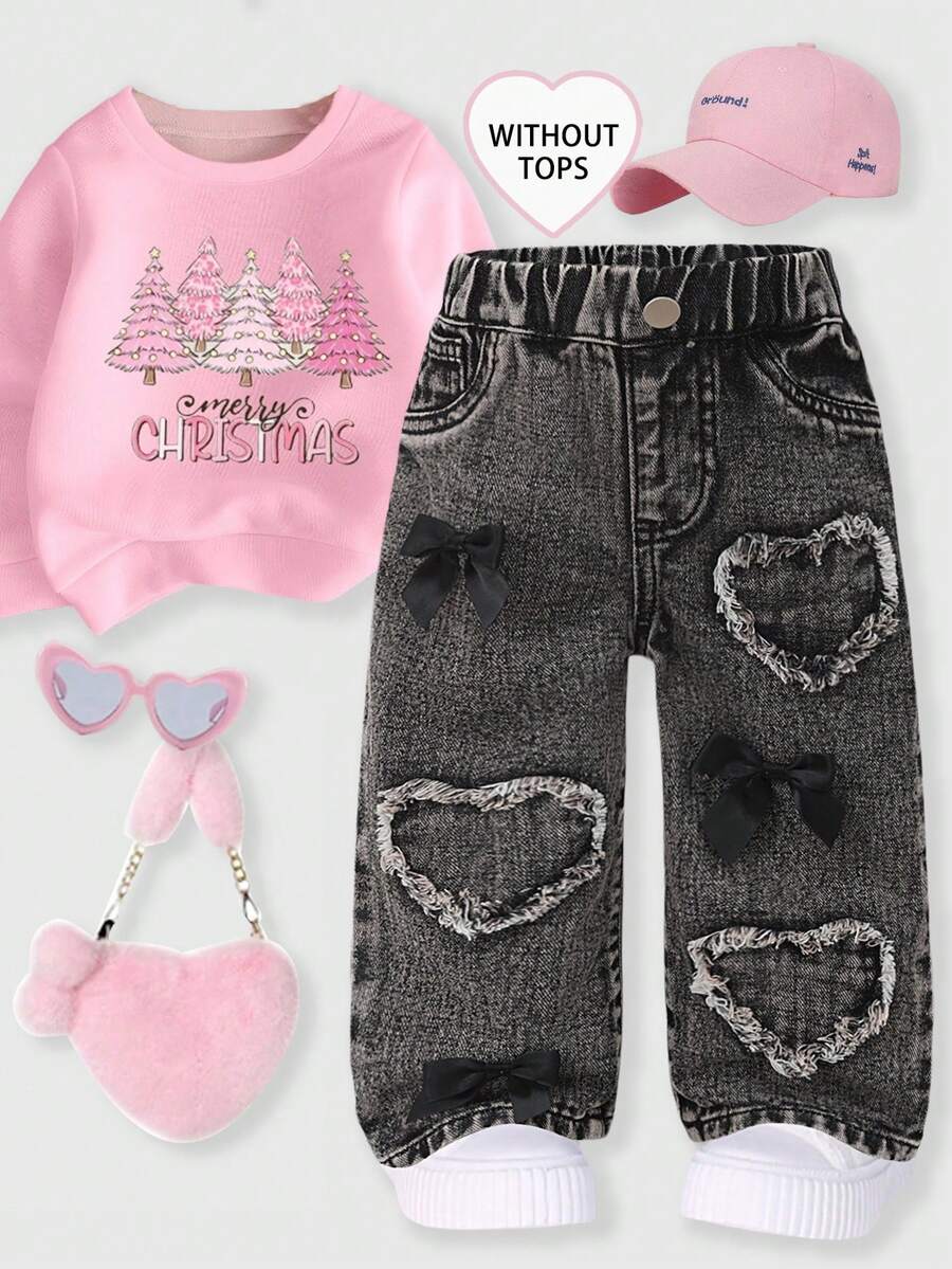 Baby Girls' Denim Jeans, Casual Kawaii Y2k Cute, Elegant Luxurious, Bow Heart Applique Decor, Straight Leg, Elastic Waist, Cotton, Hot Pink Grey