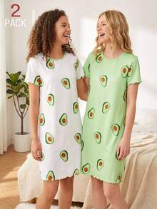 2pcs Teen Girls Avocado Print Pajama Dress, Minimalist Design For Easy Matching, Stretchy And Breathable Knit Fabric, Machine Washable, Comfortable Fit, And Easy Care (Sold Separately) Cute Tops For Summer Teen - Green - View 4