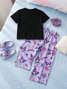 HELLO KITTY AND FRIENDS | SHEIN 少女卡通字母印花圆领短袖上衣和裤子休闲日常穿搭 - 紫色 - 查看 2