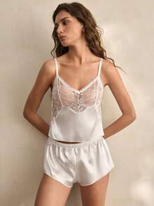 Charlaine 两件套优雅法式蕾丝缎面舒适女士睡衣套装，时尚秋季款 - 白色 - 查看 7