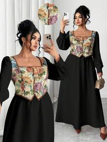 Elenzga Plus Size Women's Vintage French Style Color Block Long Sleeve 2 In 1 Dress, Suitable For Graduation, Holidays, Valentine's Day, Christmas, Music Festivals, Mother's Day, Halloween, Thanksgiving, Easter, National Day, Dances, Dates, Parties, Weddings, Outings - Black - View 1