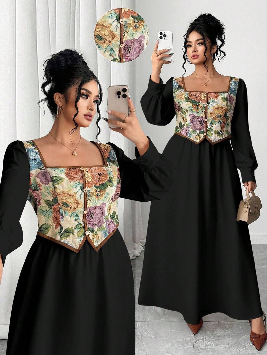 Elenzga Plus Size Women's Vintage French Style Color Block Long Sleeve 2 In 1 Dress, Suitable For Graduation, Holidays, Valentine's Day, Christmas, Music Festivals, Mother's Day, Halloween, Thanksgiving, Easter, National Day, Dances, Dates, Parties, Weddings, Outings - Black - View 1