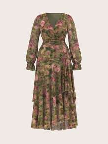 Reflora Vestido maxi casual de manga corta con volantes y estampado floral para mujer de talla grande - Multicolor 2 - Ver 3