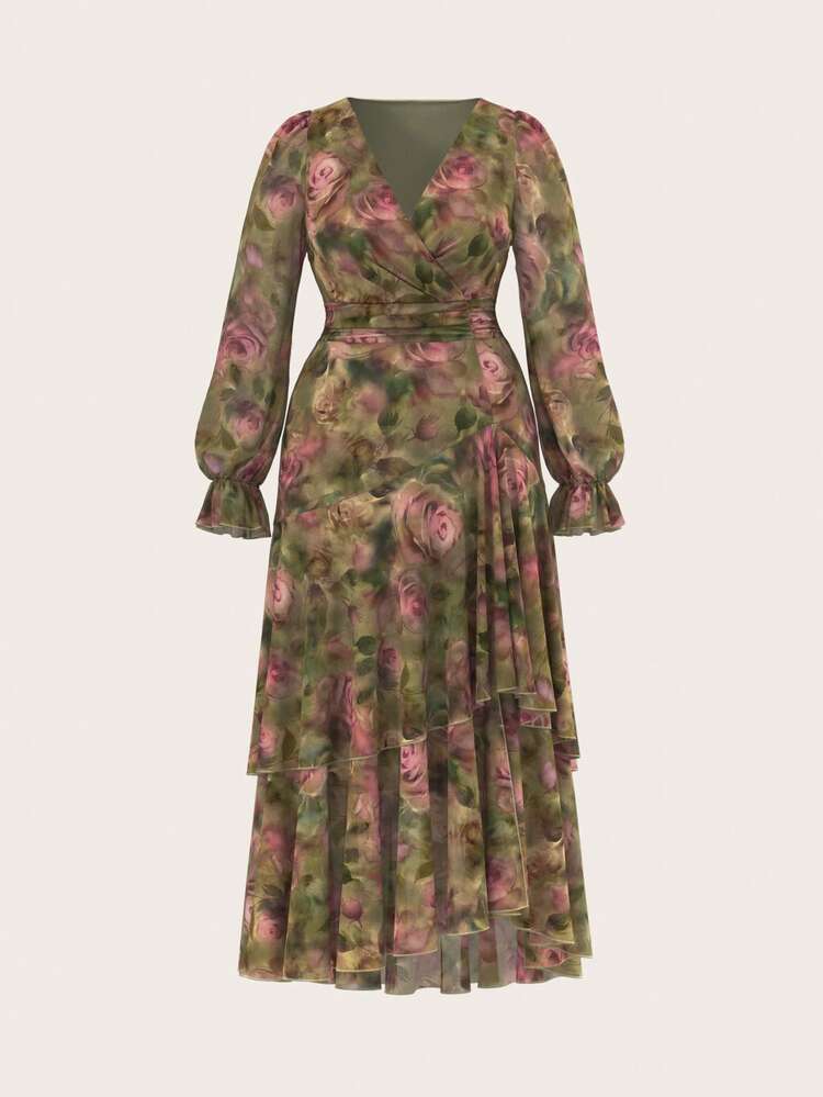 shein plus size emerald green dress Tall CURVE Tall Figure Women's Elegant Printed Ruffled Elastic Flowing Long Dress, Fall Women Size:9-10 Years (150cm) Blue Mess Uniform Center Anti-glare shein wedding guest dresses green