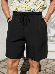 VIVINTIMO Men's Casual Plain Color Drawstring Shorts, Holiday - Black - View 6