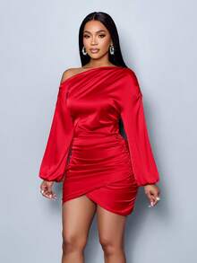 SOLERSUN 女士冬季节日服装绿色优雅不对称领口褶皱灯笼袖长袖缎面派对紧身短款连衣裙 - 紅色 - 查看 4