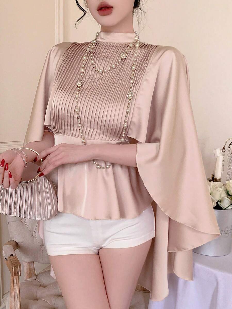 DAZY Áo kiểu tay lửng màu trơn thanh lịch dành cho nữ dự tiệc - Màu be - Xem 1
