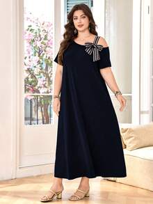 Lacomfia Plus Size Summer Casual Asymmetric Collar Dress With Bow Decor - Blue - View 6