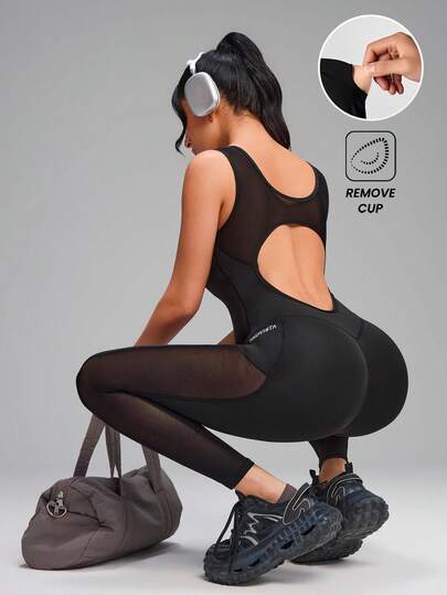 Innovista Women's Scoop Neck Patchwork Sheer Mesh Backless Jumpsuit Jumpsuit Black Tank Suit Women Sleeveless One-Piece Workout Jumpsuit, Removable Bra Pads, Mesh Back Cutout, Side Phone Pocket, High-Stretch Bodycon, Sculpting Support For Gym Yoga Pilates Running |  Mono Deportivo Mujer Enterizo Sin Mangas Con Bolsillo | Gymtok / Pilatescore / Athleisure / Clean Fit