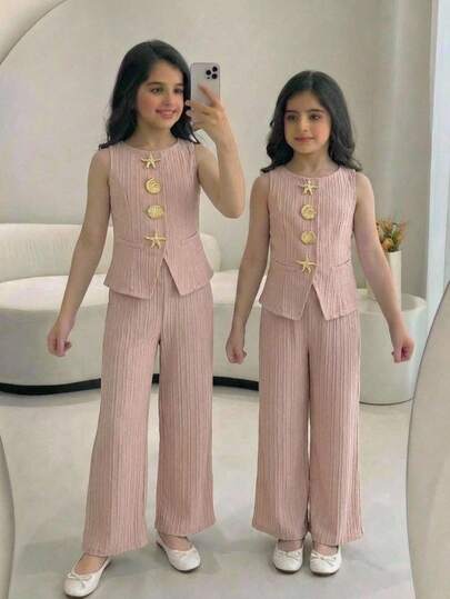 SHEIN Tween Girl Commute Casual Vacation Metal Ocean Starfish Shell Decor Woven Solid Color Sleeveless Vest Top And Straight Leg Pants Set, Apricot