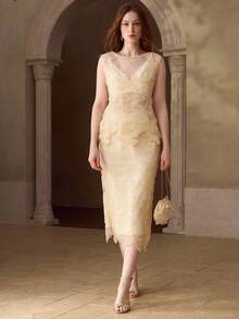 MOTF PREMIUM WOMEN'S ELEGANT FULL-LENGTH BEADED EMBROIDERED SKIRT - Apricot - View 7