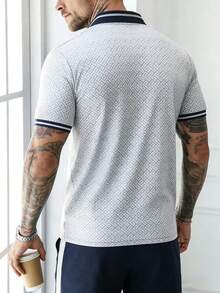 EGENSIO 男士几何提花纹理罗纹 Polo 衫 - 黑色 - 查看 2