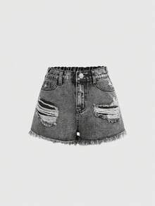 Girlism Y2K 少女低腰纯色水洗休闲牛仔短裤，毛边裤脚，破洞细节，带口袋，春夏款，舒适时尚，休闲街头风，适合春夏穿着，夏季度假波西米亚风，夏季牛仔短裤，海滩度假，抽绳腰带短裤，夏季，度假风，海滩度假，Y2K - 灰色 - 查看 4