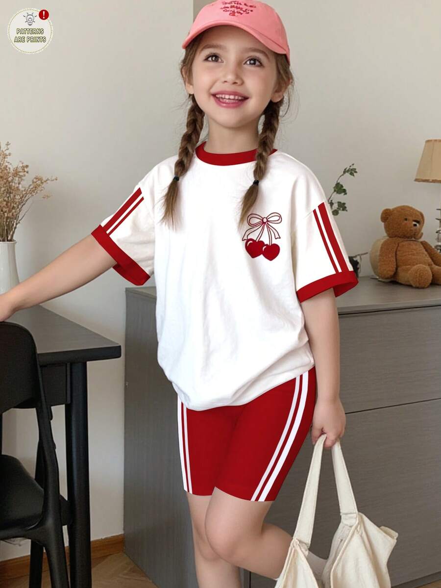 SHEIN 两件套女童休闲复古美式爱心樱桃印花撞色圆领短袖T恤搭配紧身打底裤,适合春夏日常穿着、度假、Y2K风格,可爱童装 - 彩色 - 查看 1