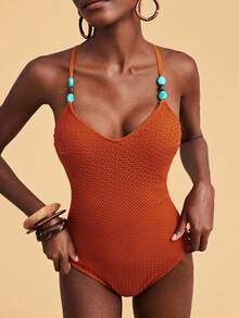 Travachic 女士纯色串珠连体泳衣，适合海滩度假、泳池派对、沙滩派对 - 彩色 - 查看 3