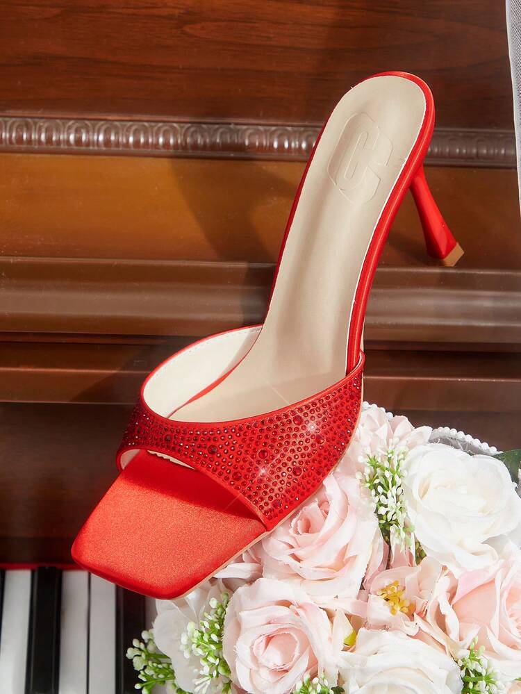 CUCCOO HITCHD New Red Thin Heel Square Toe Diamond Fashionable Versatile Women's High Heel Shoes Wedding Shoes Summer Shoes Bride Shoes
