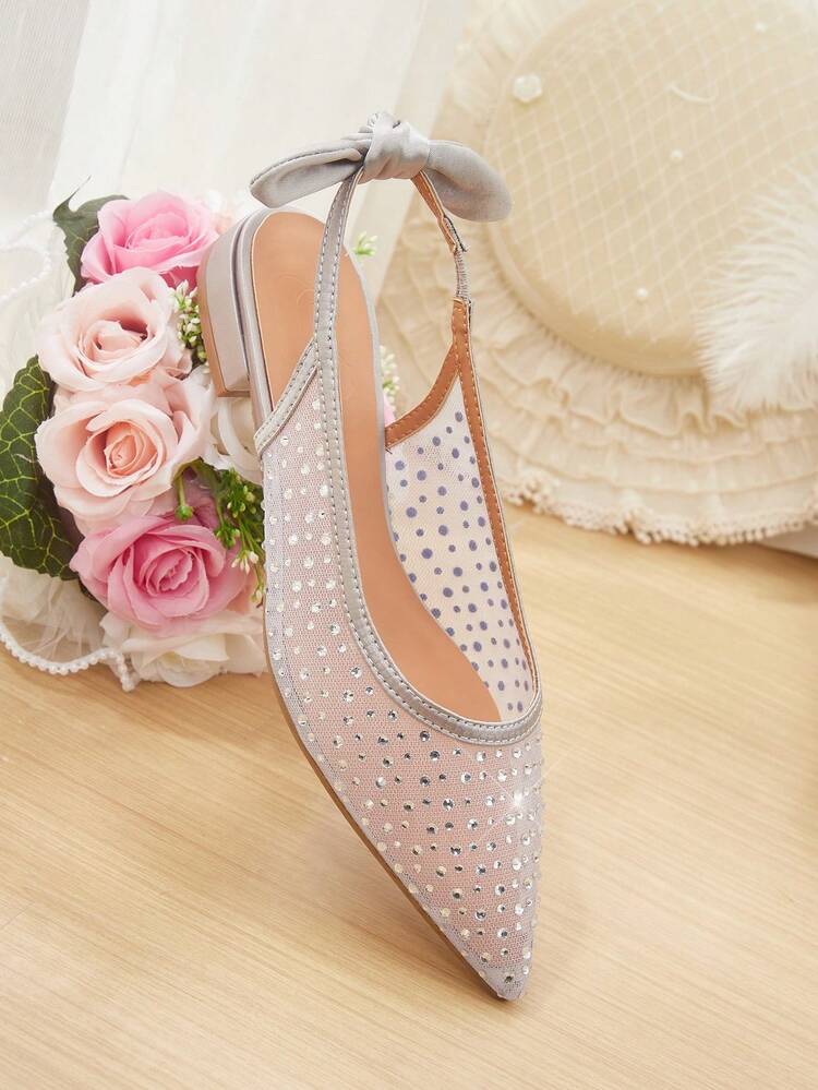 CUCCOO HITCHD Women Shoes Summer And Summer New Fashion French Mesh Rhinestone Pointed Flat Sole Shoes,Bow With Slip-On, Comfortable And Elegant, Versatile And Not Tired Of Feet, Silver Hot Rhinestones Are Very Beautiful Summer Shoes Wedding Shoes Bride Shoes