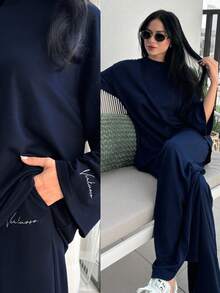 Modelyn Women's Casual Versatile Letter Embroidered Top And Pants Set Blouse And Pants Set Modest Two Piece Set 2 Piece Casual Sets Woman - Navy Blue - View 1