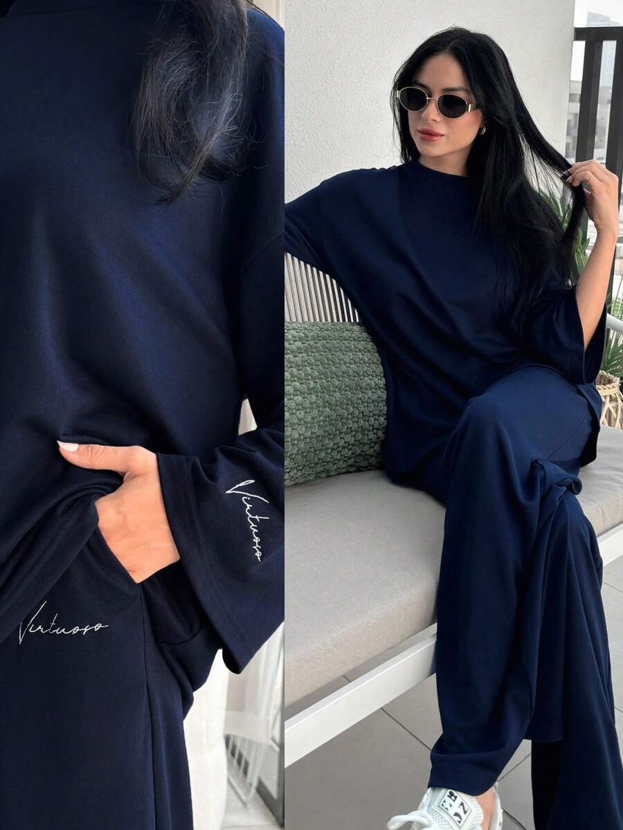 Modelyn Women's Casual Versatile Letter Embroidered Top And Pants Set Blouse And Pants Set Modest Two Piece Set 2 Piece Casual Sets Woman - Navy Blue - View 1