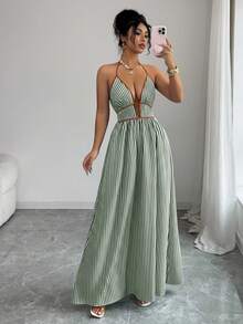 Elenzga 女士度假条纹深V领露背连衣裙 - 墨綠色 - 查看 4