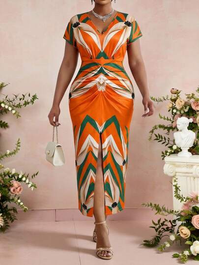 Fleurora Büyük Beden V Yaka Kısa Kollu Basit Elbise, Yaz İçin Moda Paskalya Elbisesi Kadın Paskalya Elbisesi İş Gündelik Kadın Tatil Boho