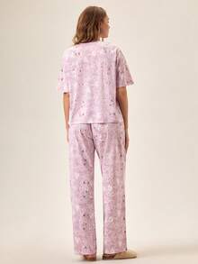Loomlin 女士纯棉撞色爱心图案短袖衬衫长裤家居服舒适休闲睡衣套装 - 彩色 - 查看 2