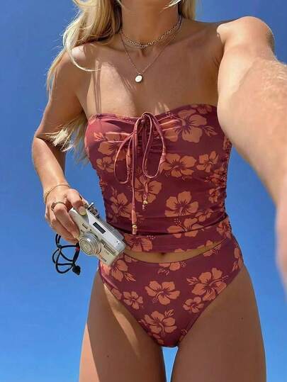 Swim Mod Damen Tropical Muster Bikini Set, 2-teilig, Lässig Urlaub