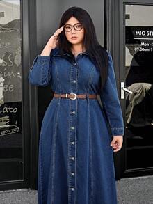 SHEIN ICON Plus Size Denim Sundress, Fashionable Suitable For Summer Fall Cloth For Women - Medium Wash - View 6
