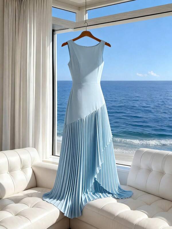 GlowEve Elegant Urban Chic New Arrival Women's Light Blue Round Neck Sleeveless Pleated A-Line Dress, Suitable For Daily Wear, Weddings, Galas, Commute, Graduation Parties, Holidays, Vacations, Dates, Parties, Halloween, Christmas, New Year, Thanksgiving, Weddings