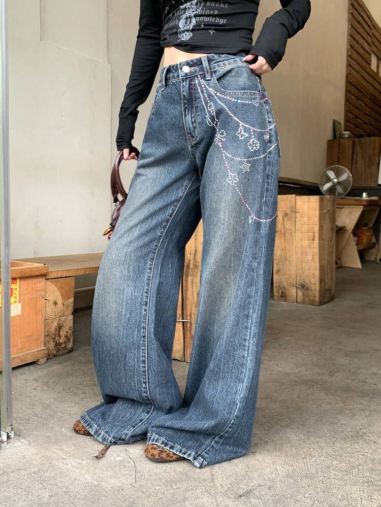 Women's Low-Waist Rhinestone Flare Jeans, Elegant Casual Denim Pants