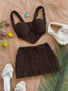 Soleia 两件套度假性感吊带钩编露脐上衣和低腰裙套装，适合音乐节、波西米亚风、假日、约会、下午茶等场合。 - 咖啡棕 - 查看 6