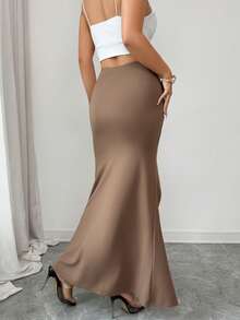 SHEIN Raffinéa 女士春夏新款收腰褶皱花卉拼接高开衩修身优雅浪漫半身裙 - 棕色 - 查看 2