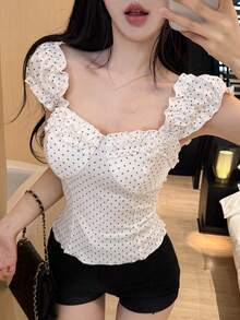 Joudiya 春夏时尚白色波点印花荷叶边单肩露脐修身短款上衣，休闲沙滩度假风女款T恤 - 白色 - 查看 1