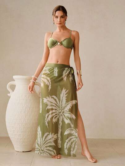  Conjunto de traje de baño y ropa de playa de mujer Swim Oasis, con traje de baño de unicolor y textura, combinado con estampado de palmeras en malla, en color verde, estilo bohemio de resort, para primavera/verano
