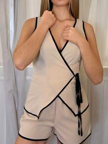Aless PB 女式系带无袖上衣和短裤休闲两件套 - 杏色 - 查看 3