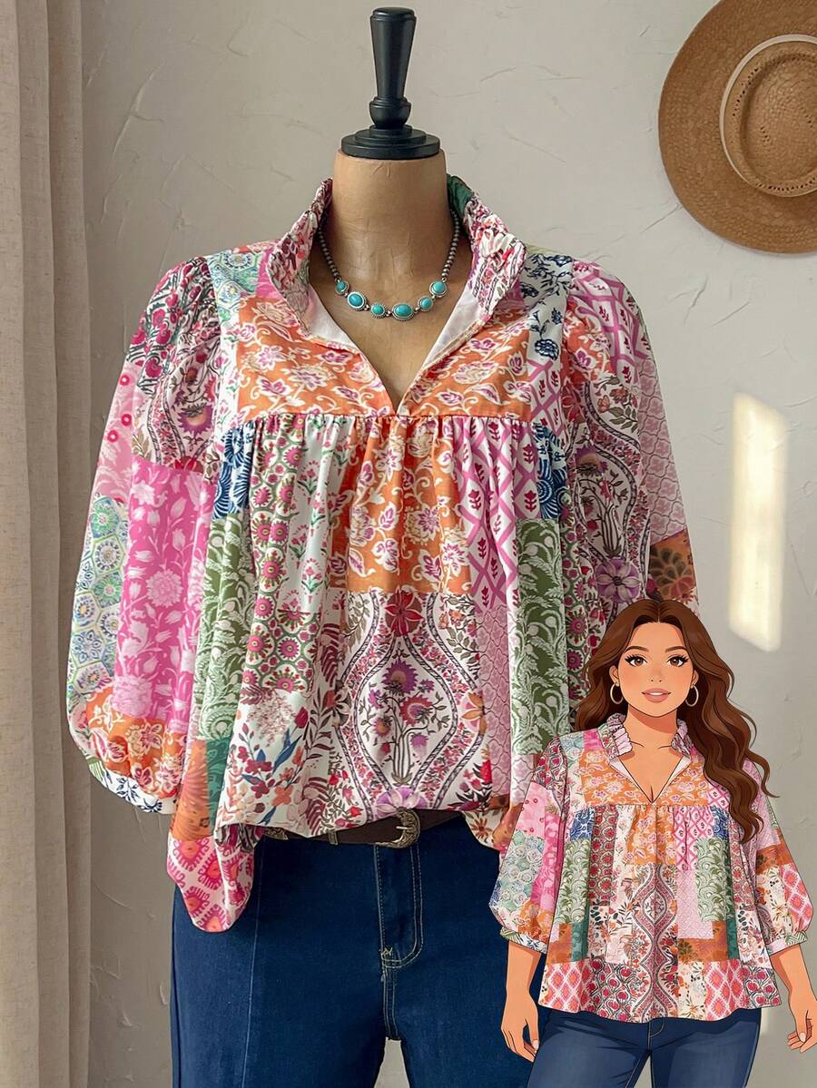 Rusticease Blusa holgada de manga farol con estampado floral para mujer de talla grande, top de verano, estilo campestre para mujer, primavera - Multicolor - Ver 1