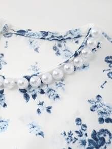 GlowEve 女士花卉玫瑰印花圆领A字喇叭袖休闲日常通勤时尚优雅情人节约会法式街头复古百搭派对白色底蓝色玫瑰印花早春/春夏短袖中长连衣裙 - 彩色 - 查看 4