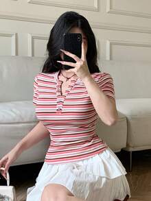 DAZY 女士休闲条纹圆领衬衫，夏季 - 粉色 - 查看 10