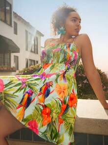 Travachic 大码女式热带植物印花度假连衣裙，鹦鹉印花吊带连衣裙，胸部收腰A字短款连衣裙，海岛假日连衣裙 - 彩色 - 查看 3