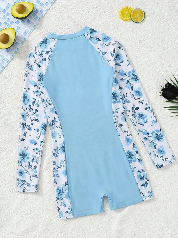 SHEIN Teen Girls Long Sleeve One Piece Swimsuit, Featuring A Fashionable Light Blue Floral-Printed Sleeves, For Beach, Pool, And Summer Vacation Long Sleeve Bathing Suit Swimsuit With Sleeves Blue And White Swimsuit Floral Long Sleeve Swimsuit Modest Teen Swimsuit - Blue and White - View 2