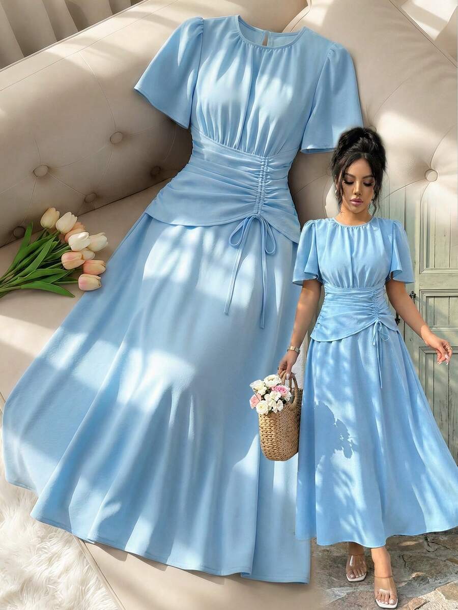 Elenzga 女士优雅春季荷叶边袖收腰简约纯色A字长连衣裙，适合约会、外出和学生穿着 - 藍色 - 查看 1