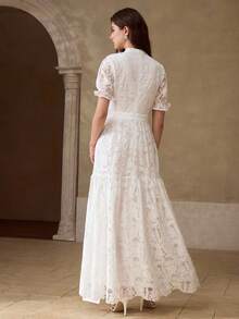 MOTF PREMIUM 2026 SUMMER WOMEN'S JACQUARD EMBROIDERED HOLLOW-OUT WAIST CINCHED DRESS - White - View 3