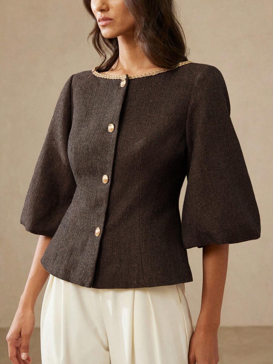 Aveloria Rosie 时尚简约百搭通勤优雅奢华复古设计人字纹拼接圆领收腰灯笼袖女士西装外套 - 彩色 - 查看 1